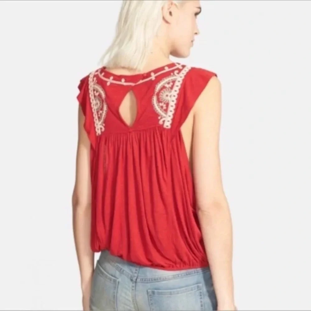 Free People Dos Segundos Red Embroidered Boho Top Size XS